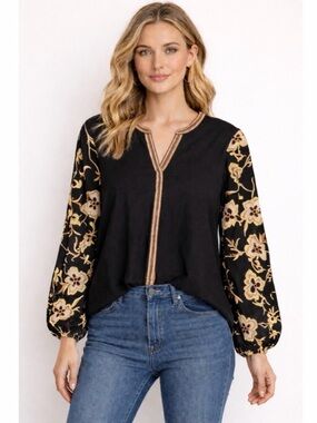 Calypso St. Barth Embroidered Balloon Sleeve Linen Top Size Small